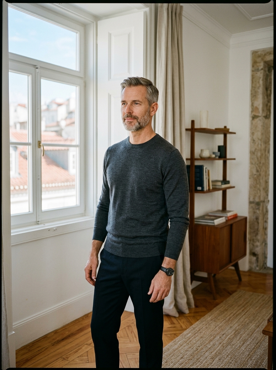 Retrato editorial de homem na casa dos 45 anos num apartamento europeu